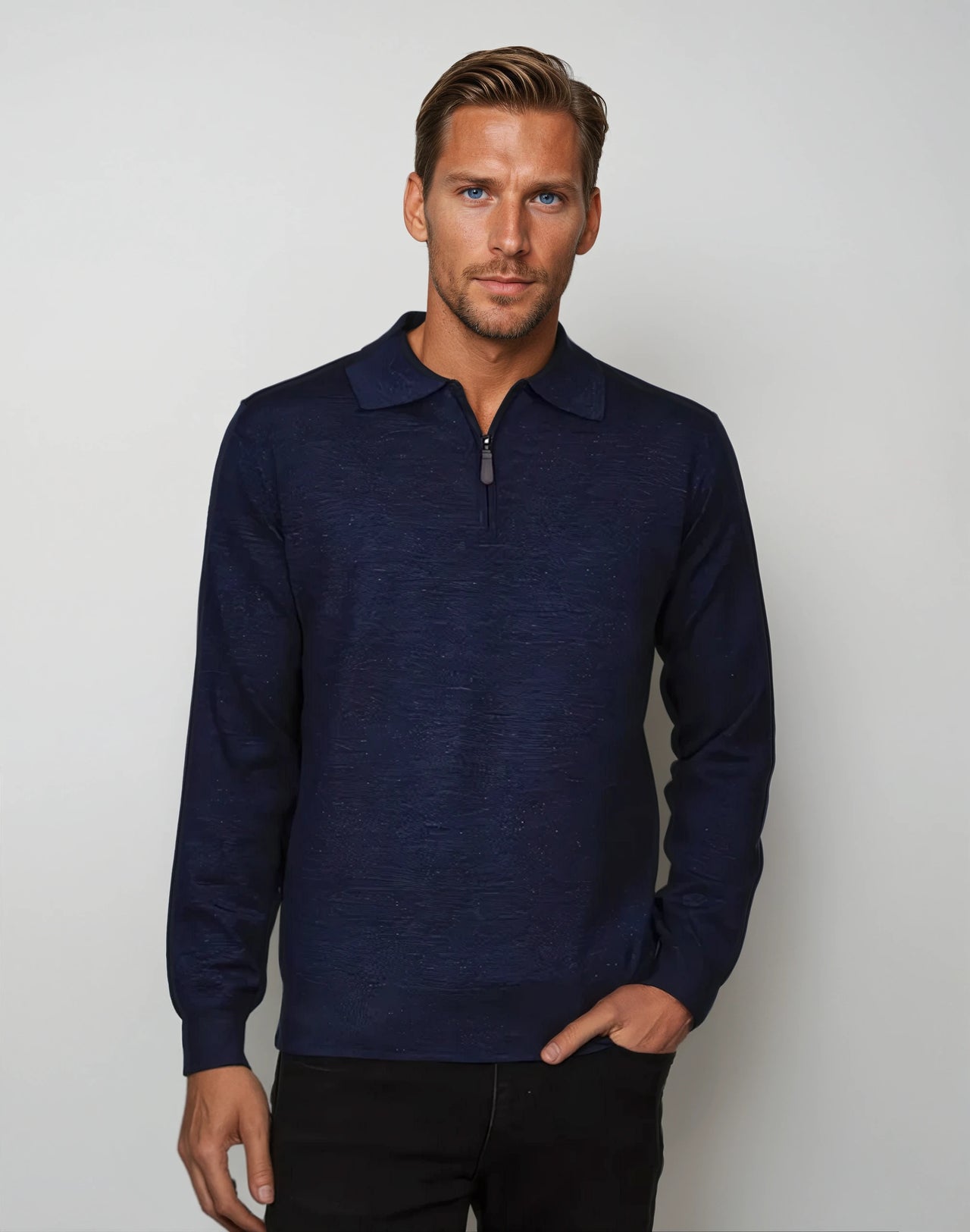 Ansett Denim Blue Half Zip Fine Merino Wool Jumper