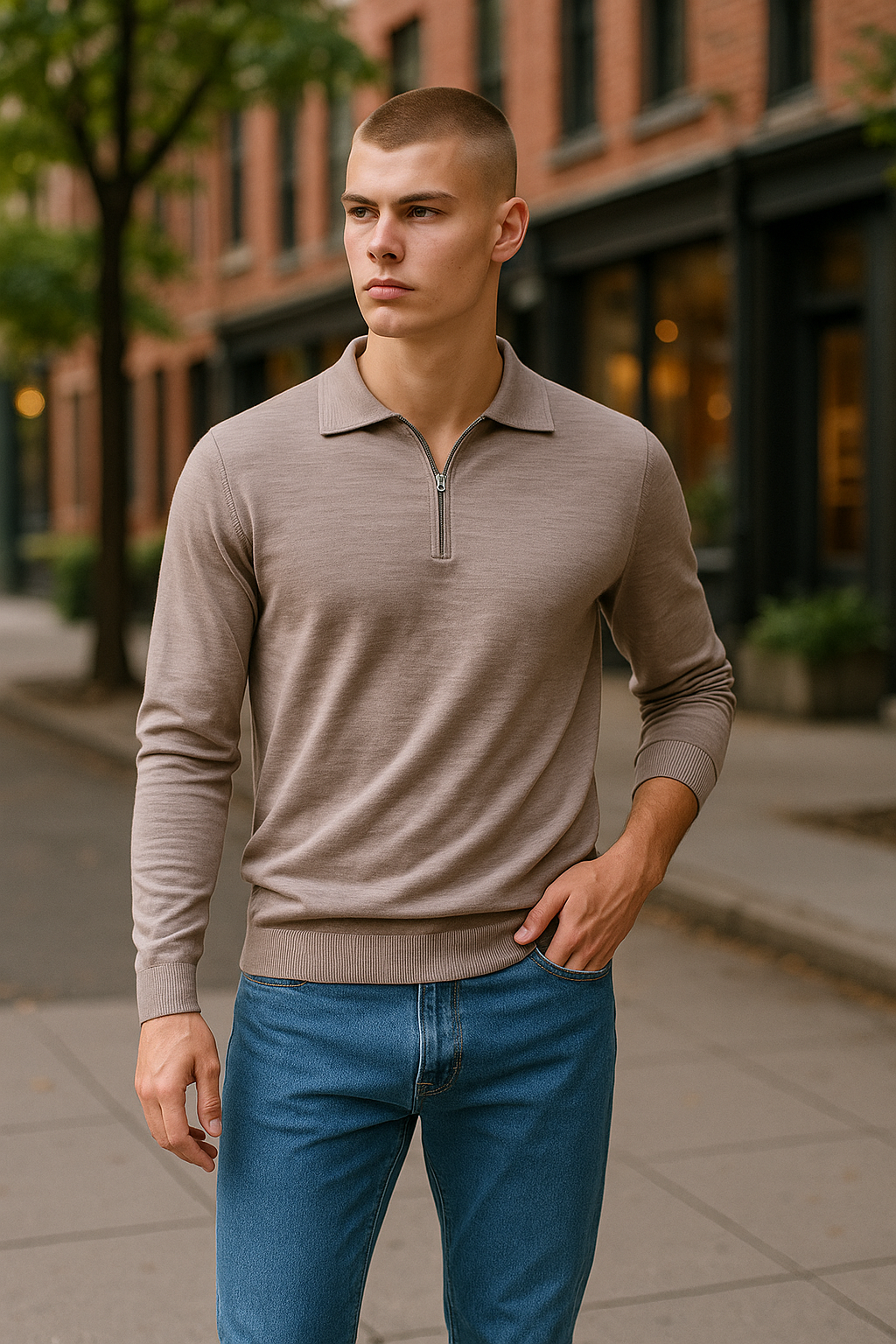 Ansett Mouse Brown Half Zip Fine Merino Wool Jumper