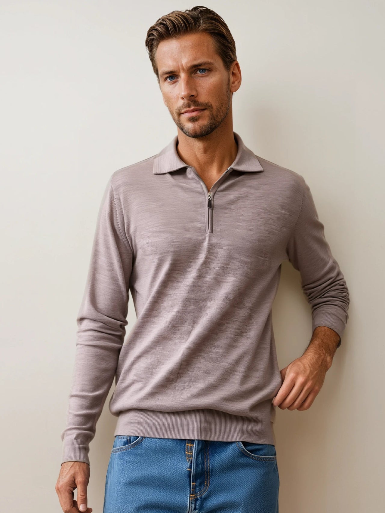 Ansett Mouse Brown Half Zip Fine Merino Wool Jumper