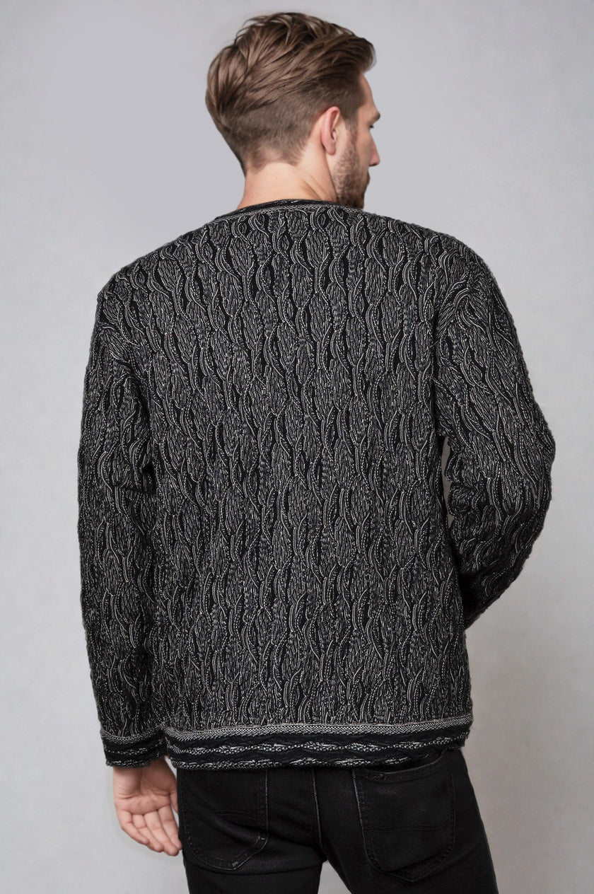 Wave - Black V Cardigan Merino Wool 3D Geccu Knitwear