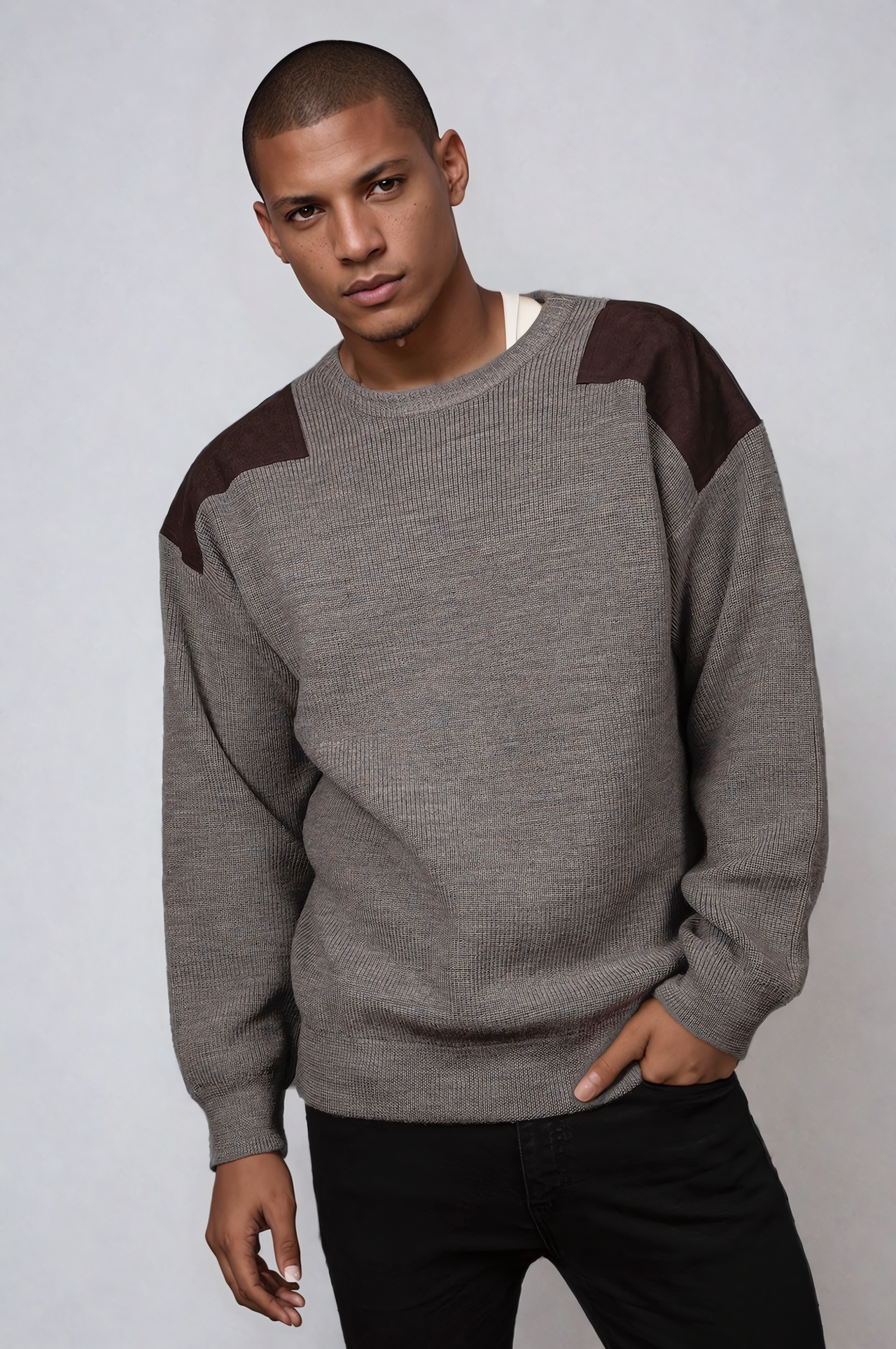 Ansett Wool Agate Jumper With Brown Elbow And Shoulder Patches