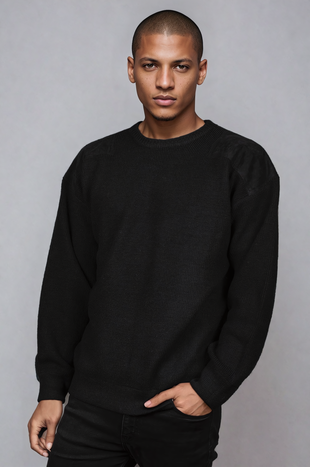 Ansett Wool Black Jumper With Black Elbow And Shoulder Patches