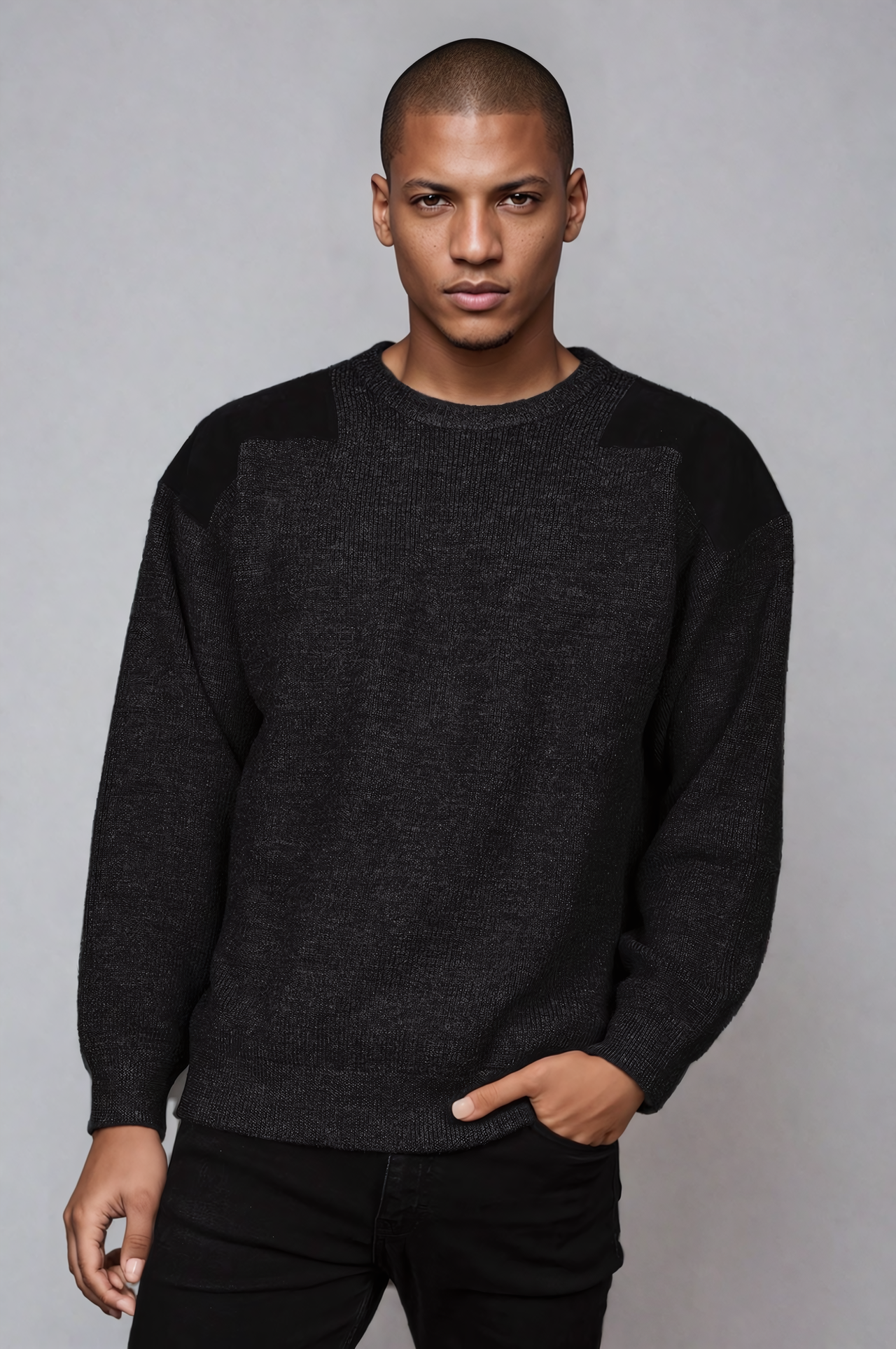 Ansett Wool Charcoal Jumper With Black Elbow And Shoulder Patches