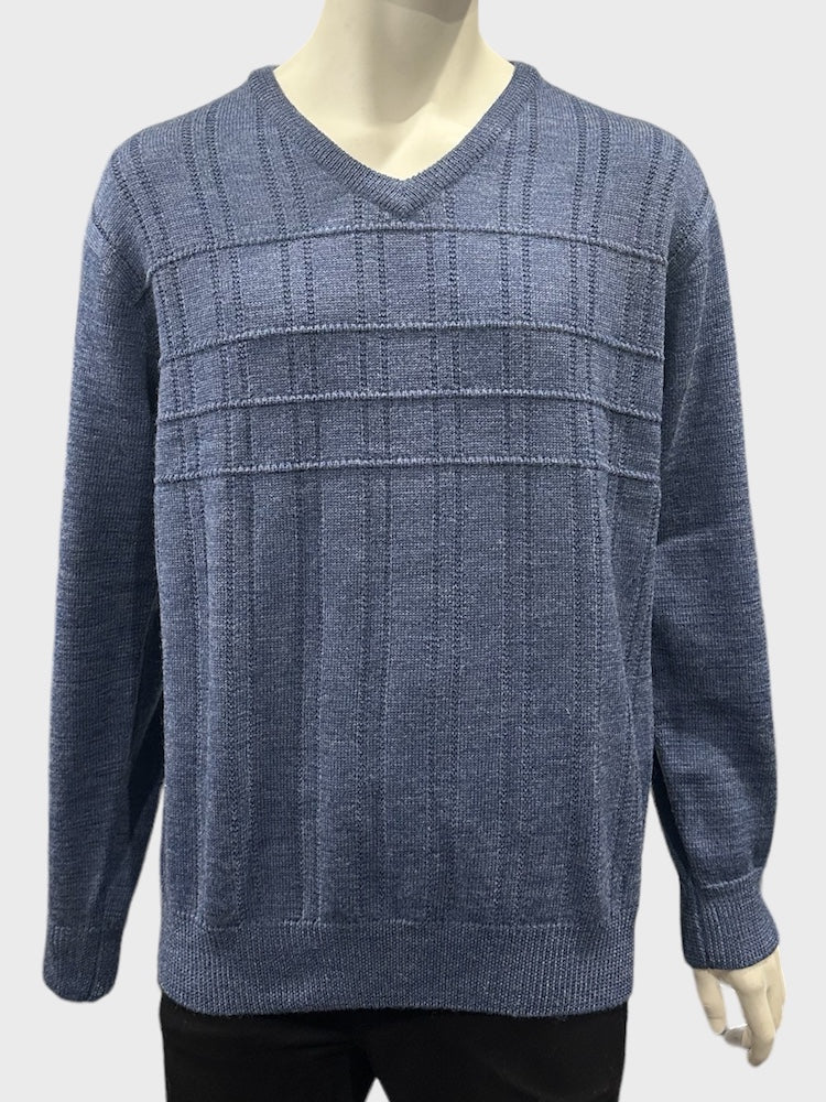 Pure Wool Ansett Patterned V Neck Jumper 8043 Denim Blue