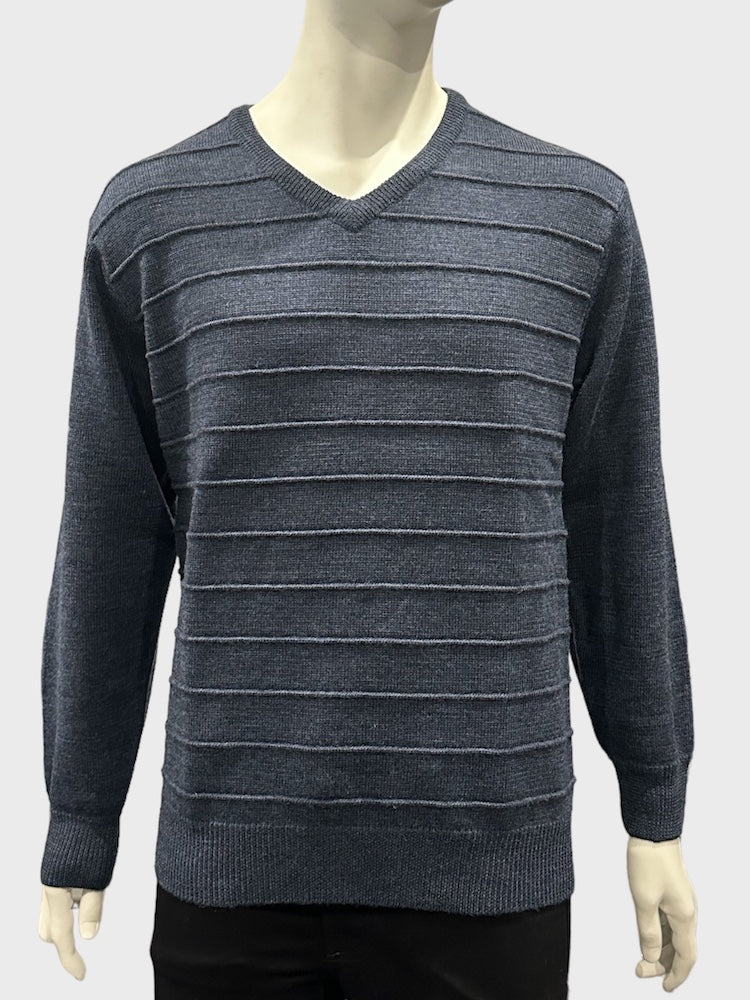 Pure Wool Ansett Patterned V Neck Jumper 8053 Slate Blue