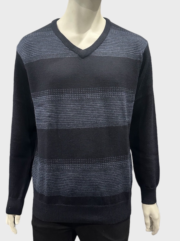 Pure Wool Ansett Patterned V Neck Jumper 8073 Navy