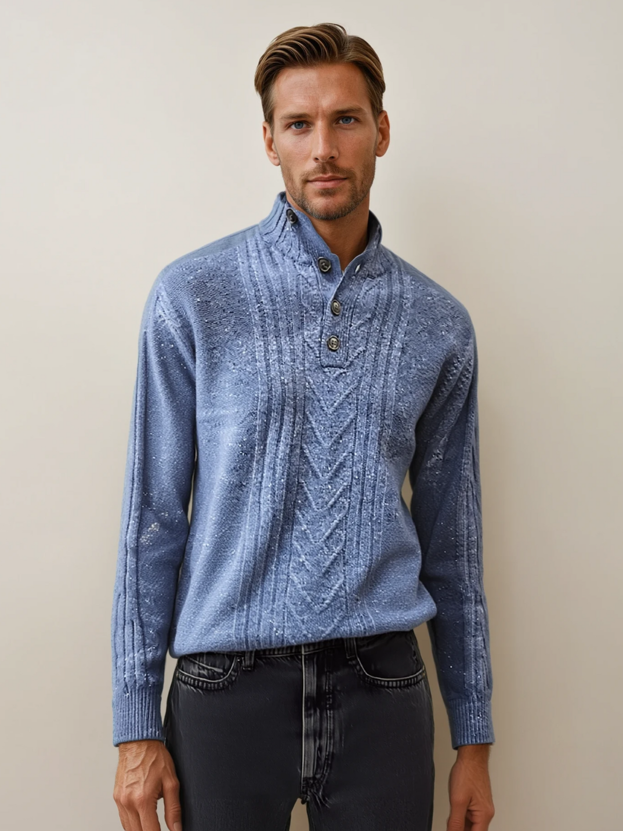 Ansett Wool Polo Neck Button Collar Jumper 8166 Ocean Blue
