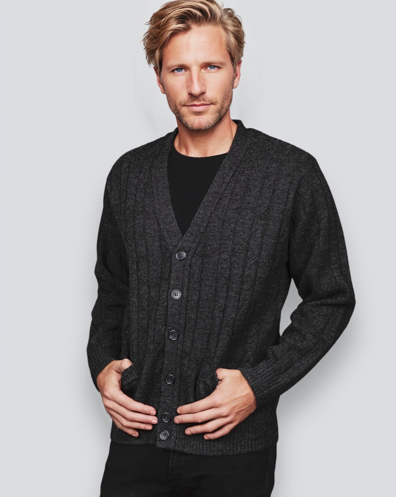 Ansett Charcoal Grey Cable Knit Wool Cardigan