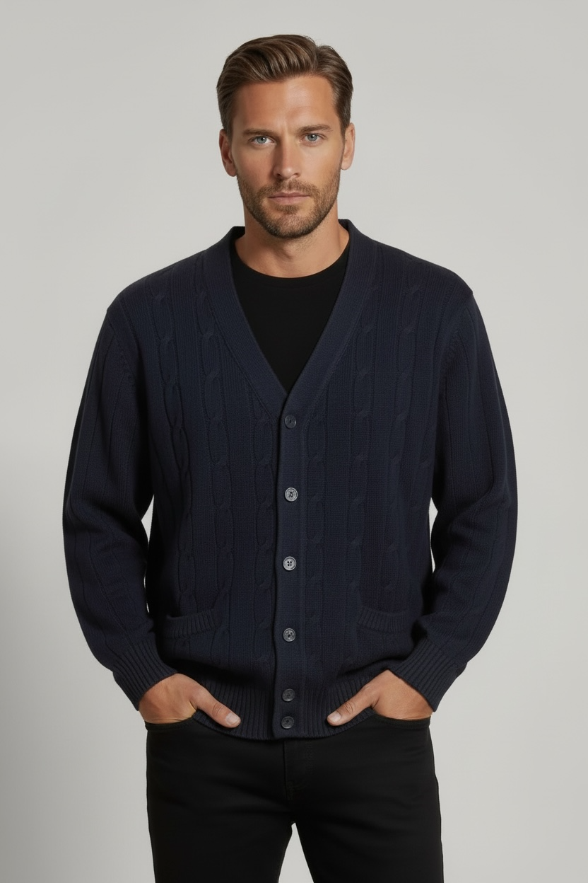 Ansett Navy Blue Cable Knit Wool Cardigan