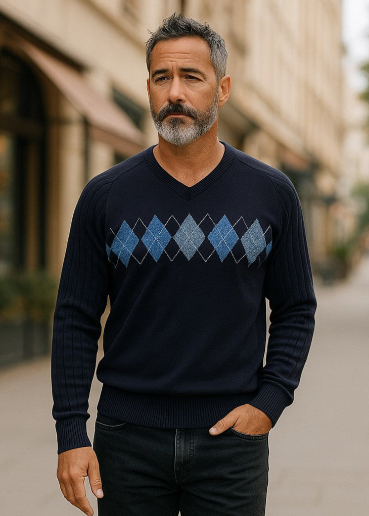 9333 Navy Argyle V Neck Jumper - Tradewinds By Ansett