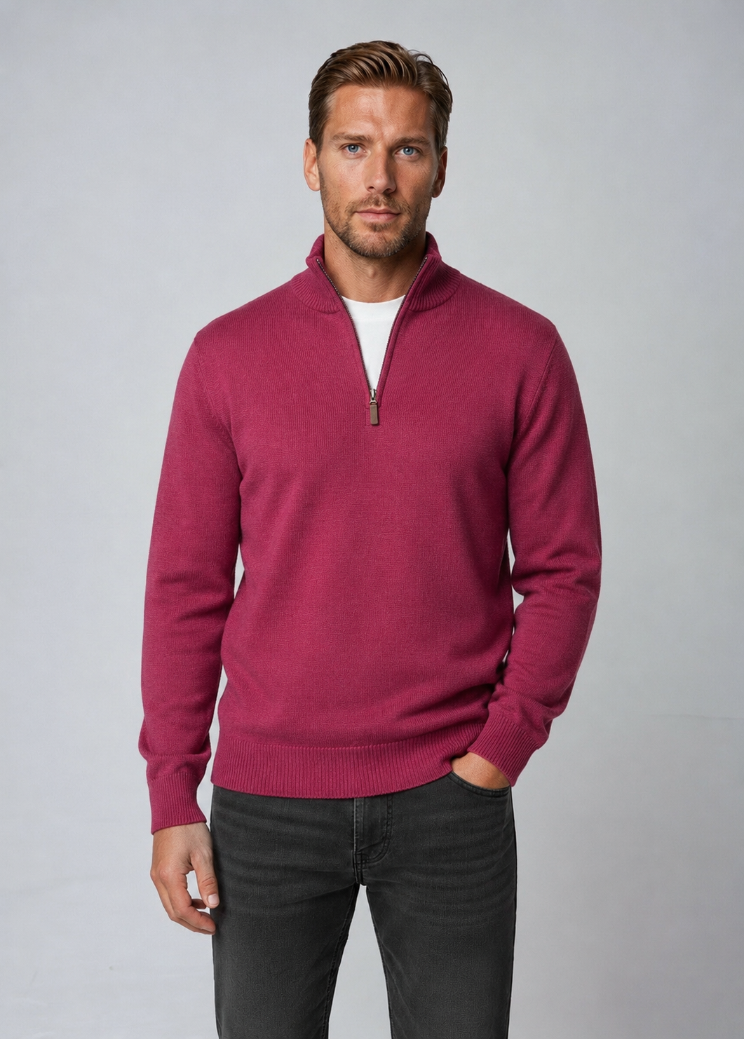 Men's 100% Merino Wool Quarter Zip Jumper - Berry