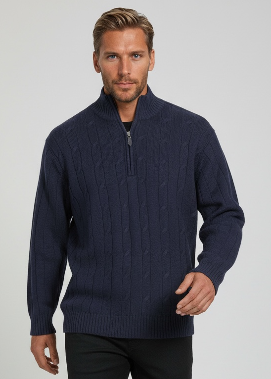 Ansett Navy Blue Half Zip Cable Wool Jumper