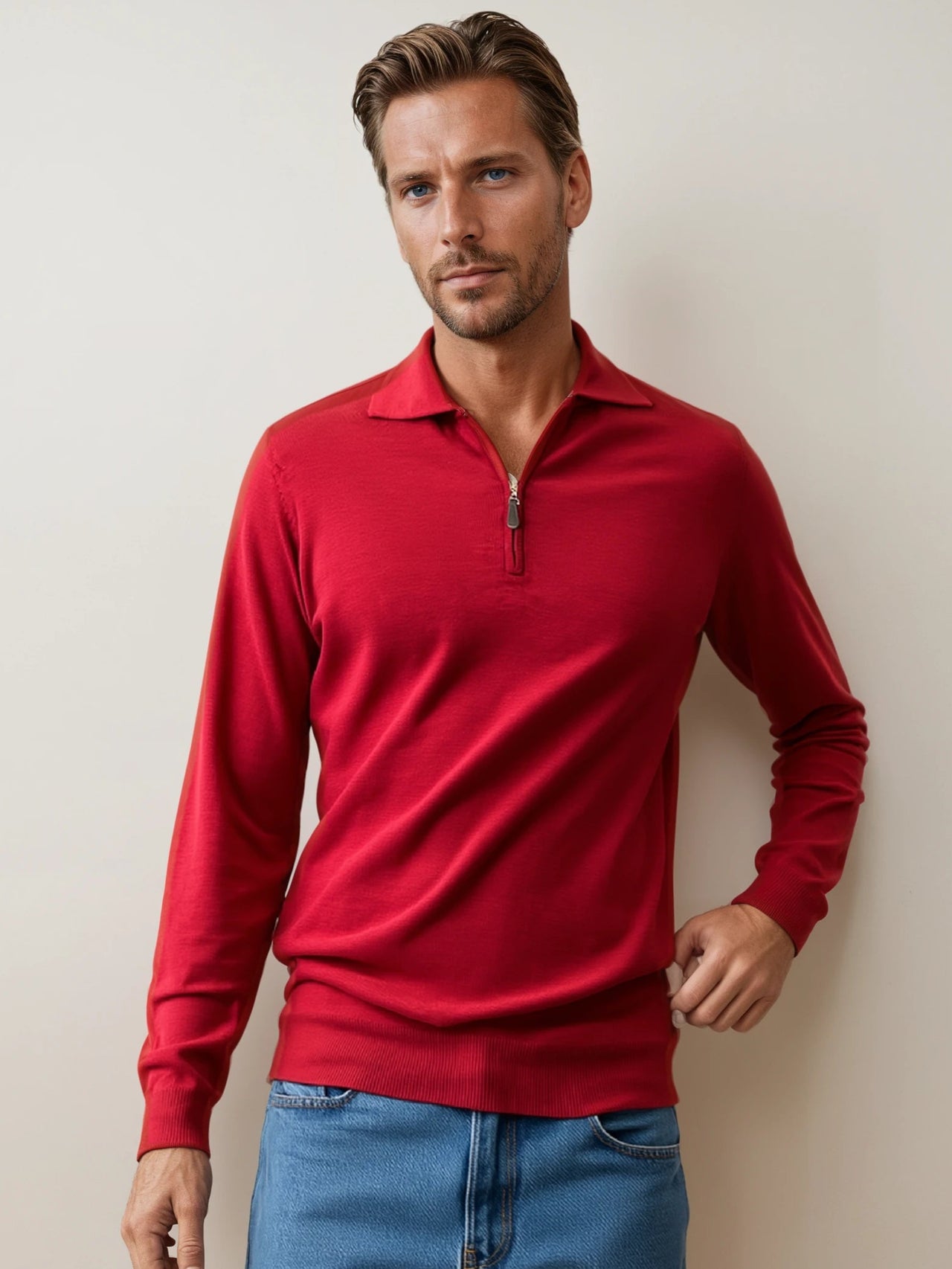 Ansett Red Half Zip Fine Merino Wool Jumper
