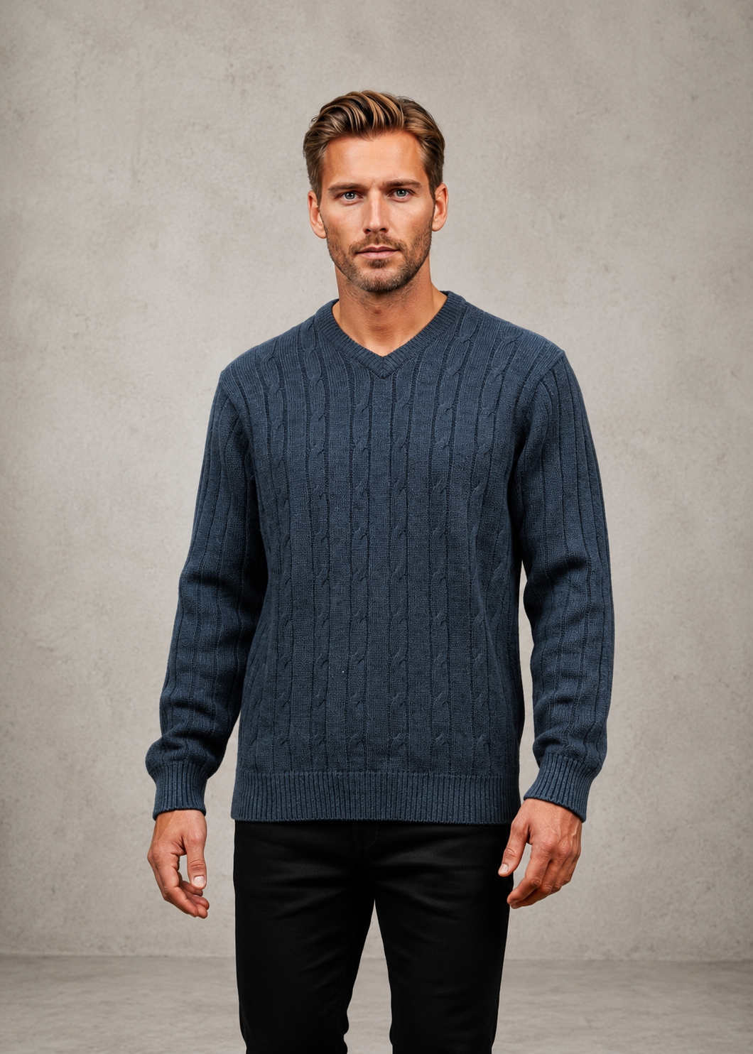 Ansett Men's Cable V Neck Wool Jumper - Slate