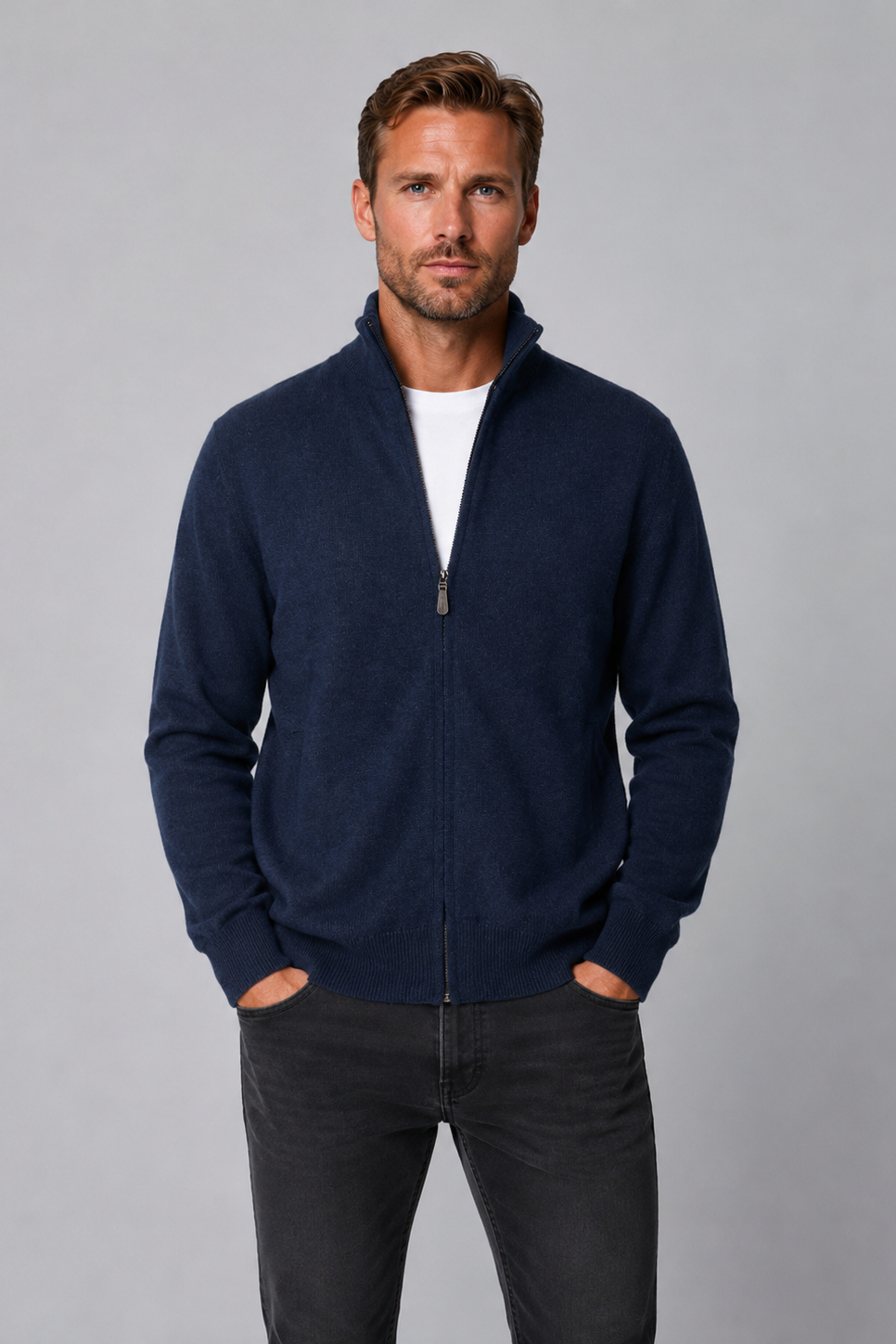 Ansett Men's Cashmere Merino Wool Full Zip Jacket - Indigo Blue