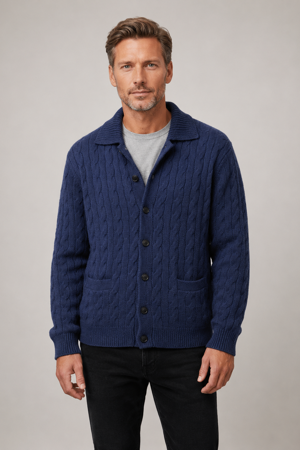 Men's Pure Wool Round Neck Cable Cardigan - Marine