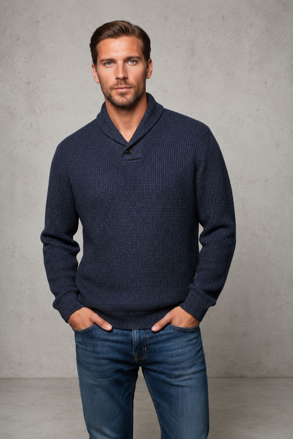 Ansett Men's Wool Shawl Neck Jumper - Marine