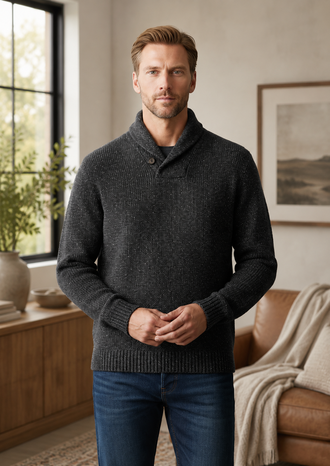 Ansett Men's Wool Shawl Neck Jumper - Coal
