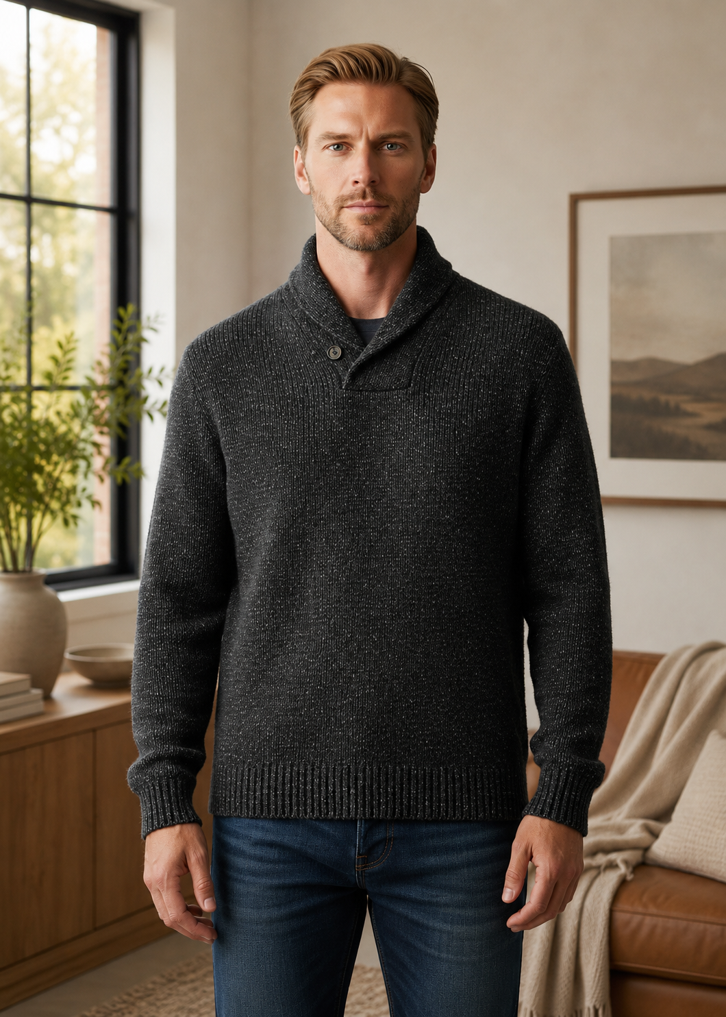 Ansett Men's Wool Shawl Neck Jumper - Coal