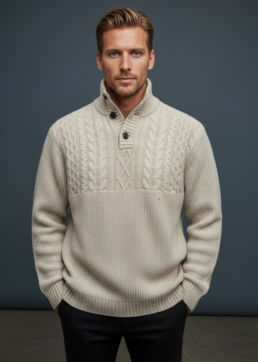 Ansett Men's Woollen Polo Neck Button Collar Jumper - Snow