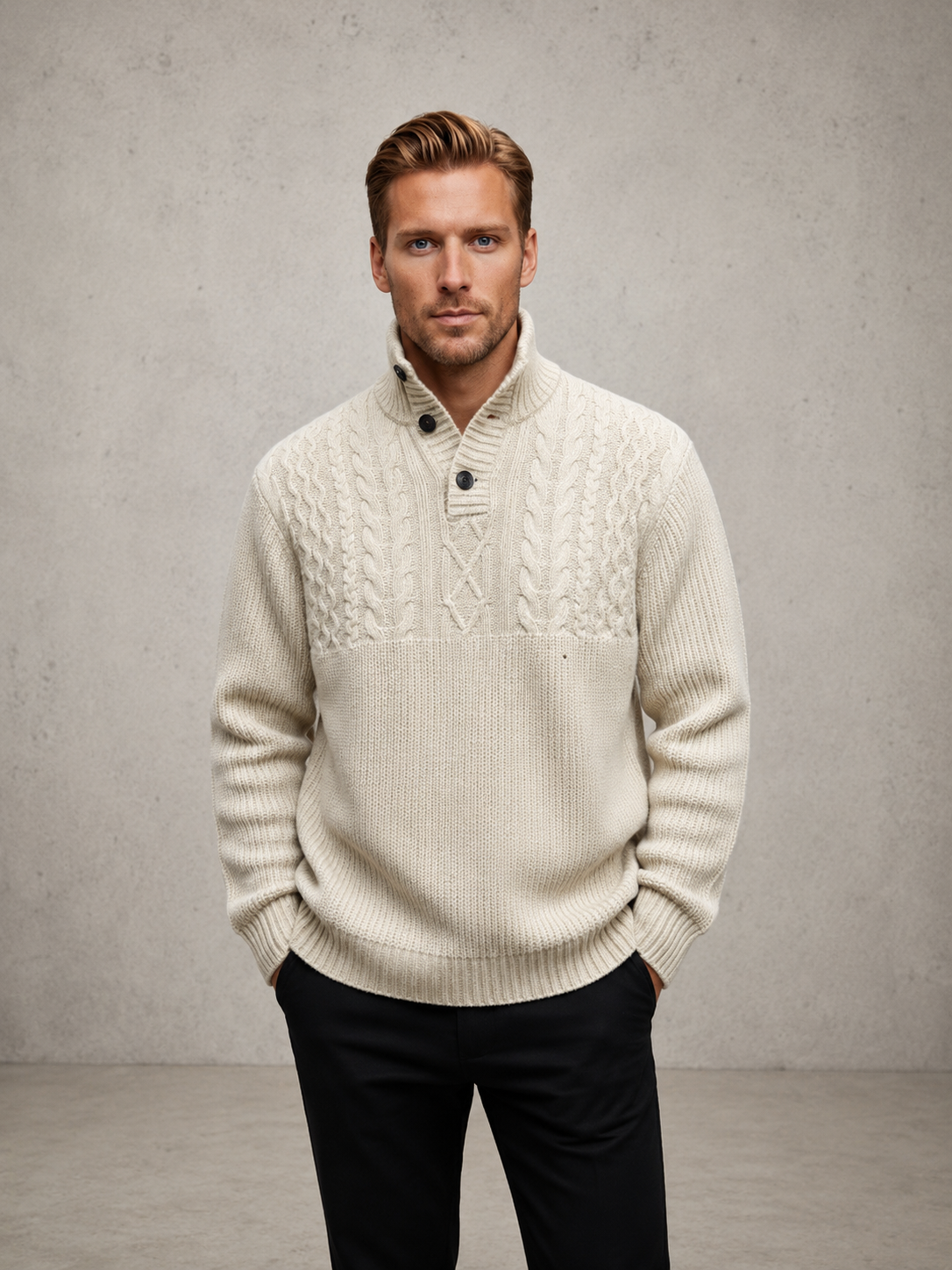 Ansett Men's Woollen Polo Neck Button Collar Jumper - Snow