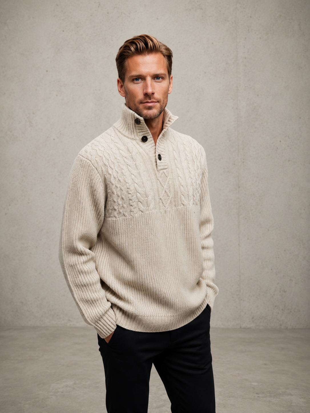 Ansett Men's Woollen Polo Neck Button Collar Jumper - Snow
