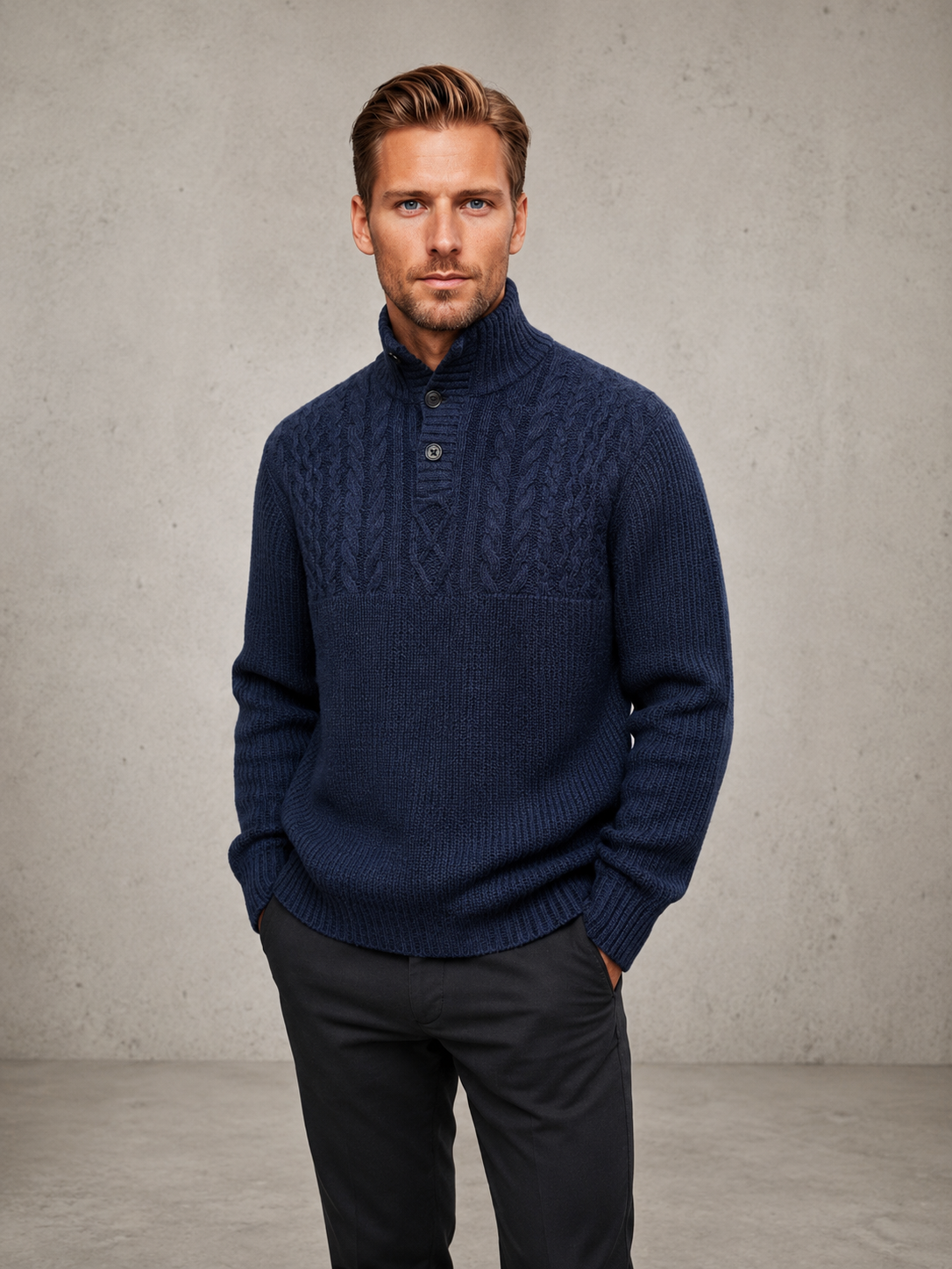 Ansett Men's Woollen Polo Neck Button Collar Jumper - Marine Blue