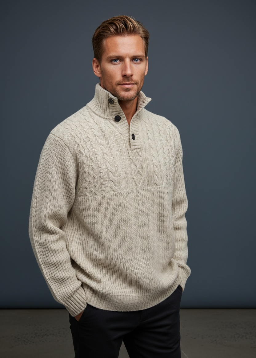 Ansett Men's Woollen Polo Neck Button Collar Jumper - Snow