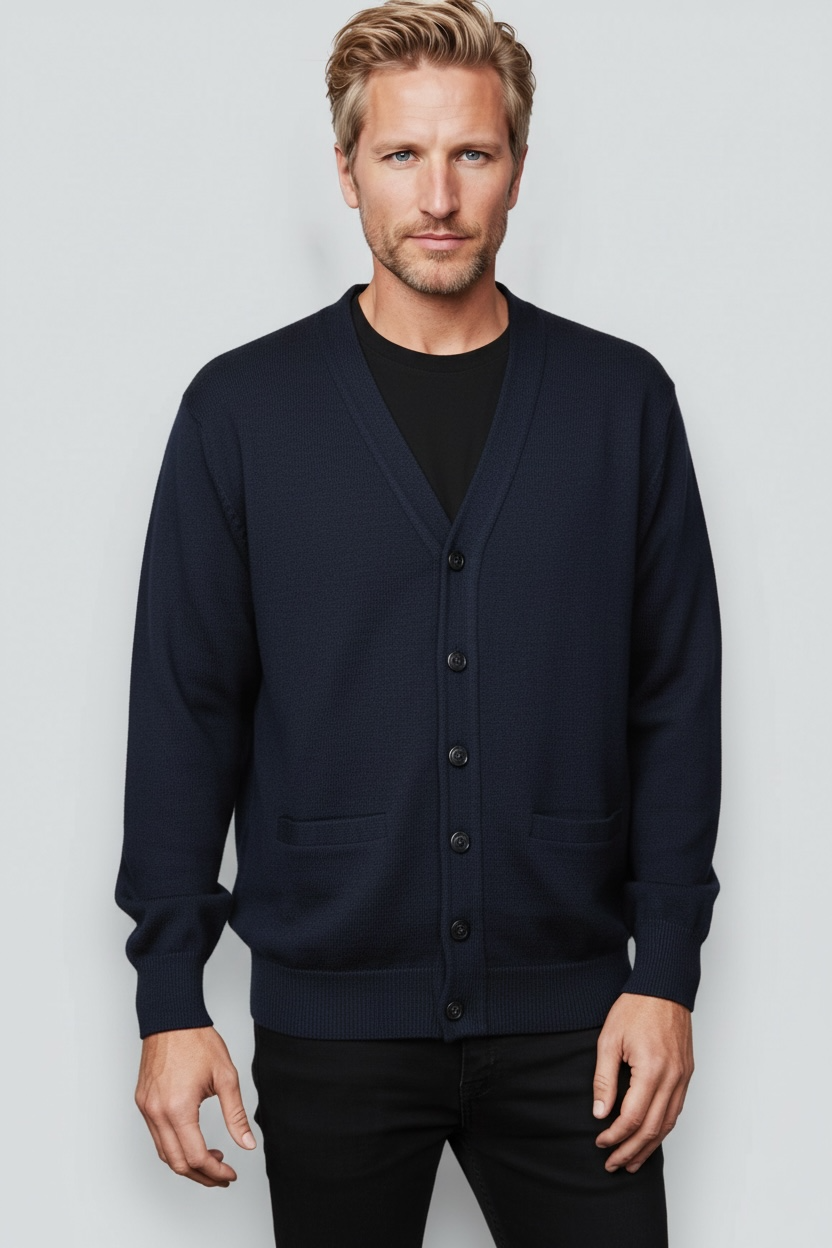 Man wearing a navy blue cardigan over a black shirt on a light gray background