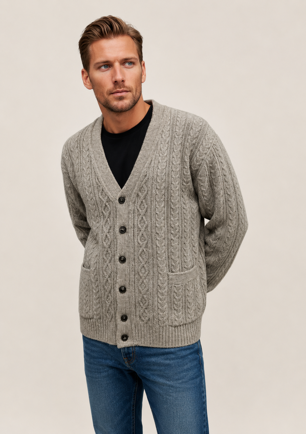 Ansett V Neck Cardigan 100% Merino Wool - Oatmeal