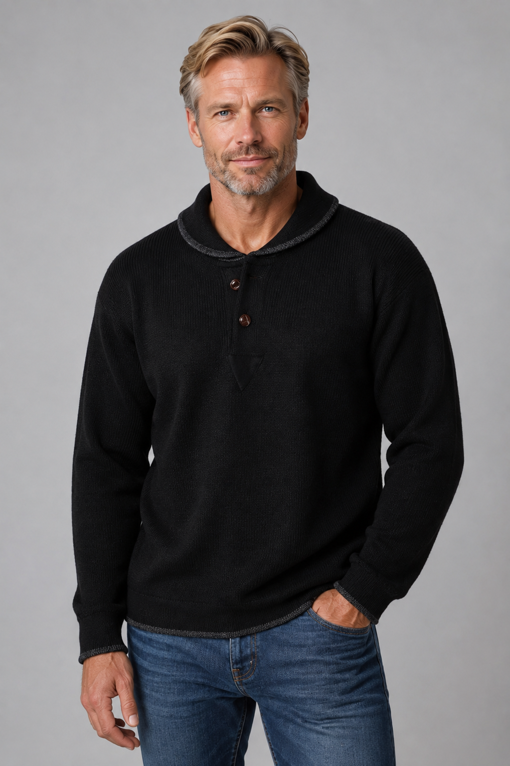 Ansett Wool Black Shawl Neck Jumper