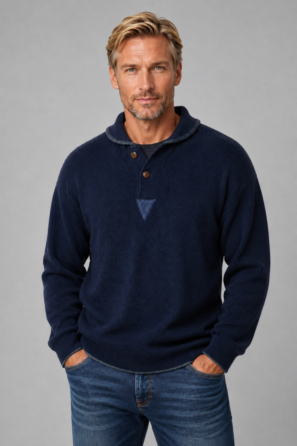 Ansett Wool Navy Blue Shawl Neck Jumper