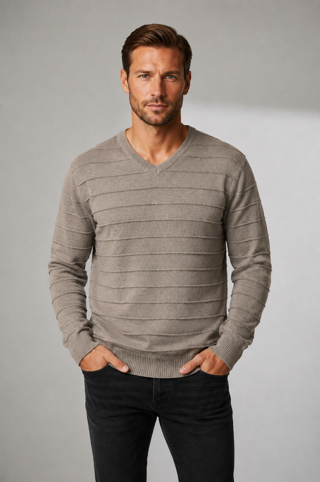 Pure Wool Ansett Patterned V Neck Jumper 8053 Sable