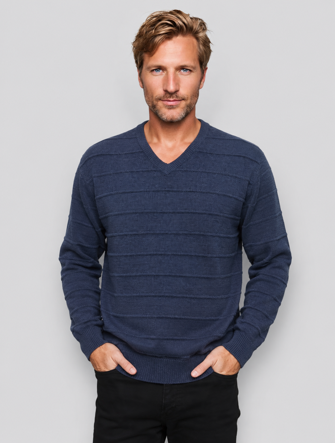 Pure Wool Ansett Patterned V Neck Jumper 8053 Slate Blue