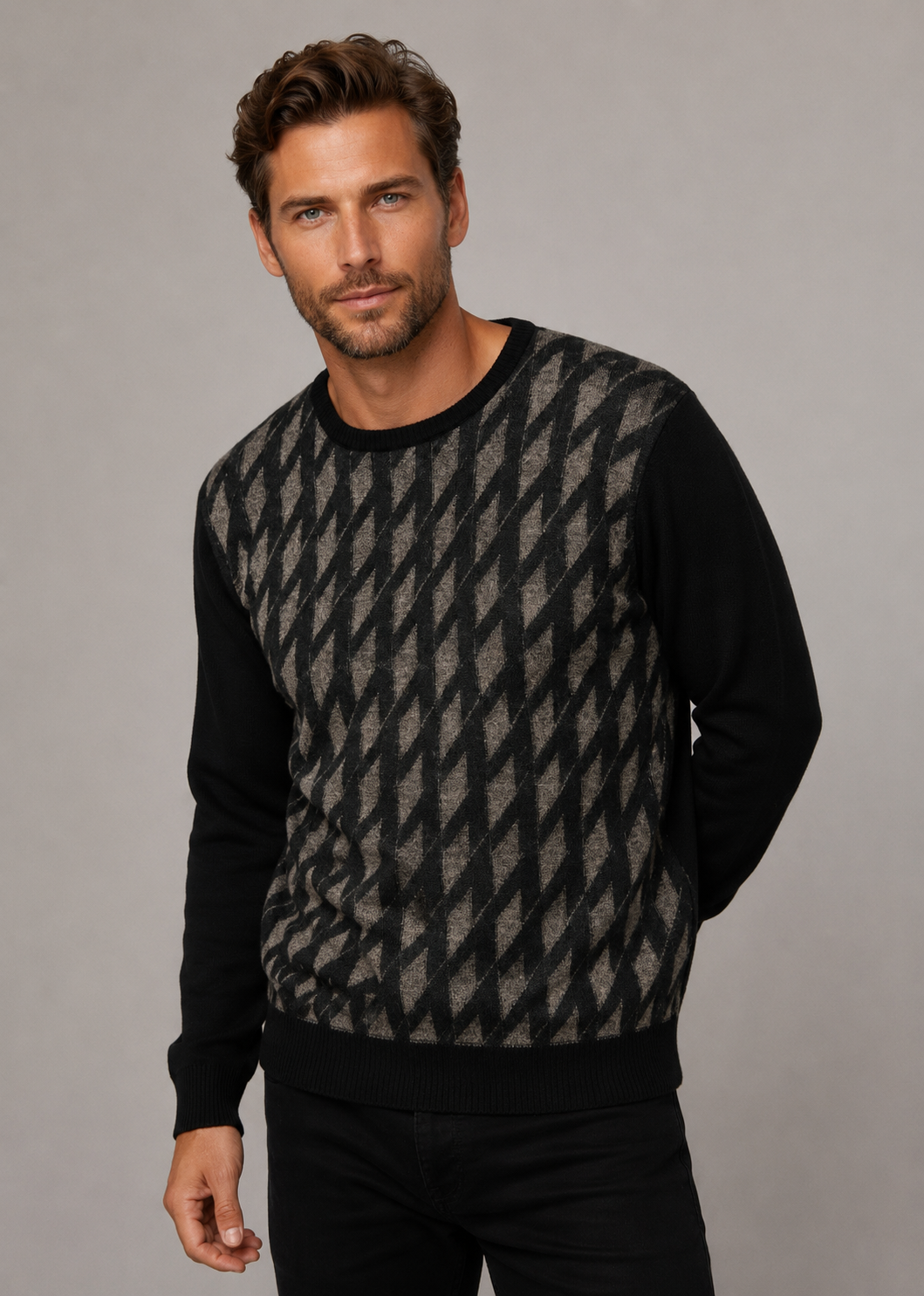 Pure Wool Ansett Patterned Crew Neck Jumper 8112 Black
