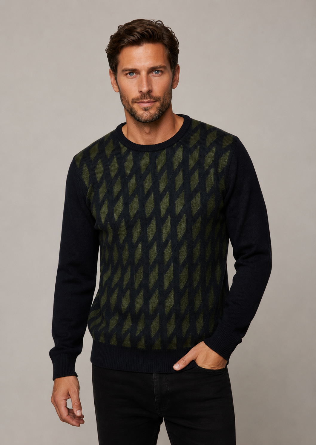 Pure Wool Ansett Patterned Crew Neck Jumper 8112 Navy Blue