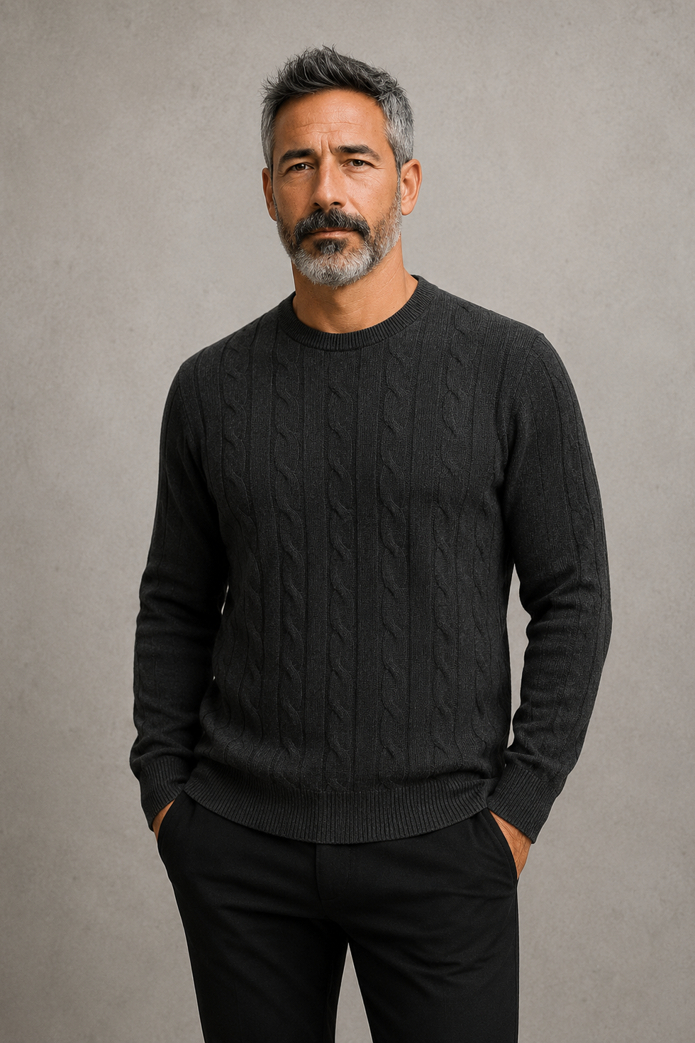 Ansett Charcoal Grey Cashmere Merino Wool Cable Knit Crew Neck Jumper