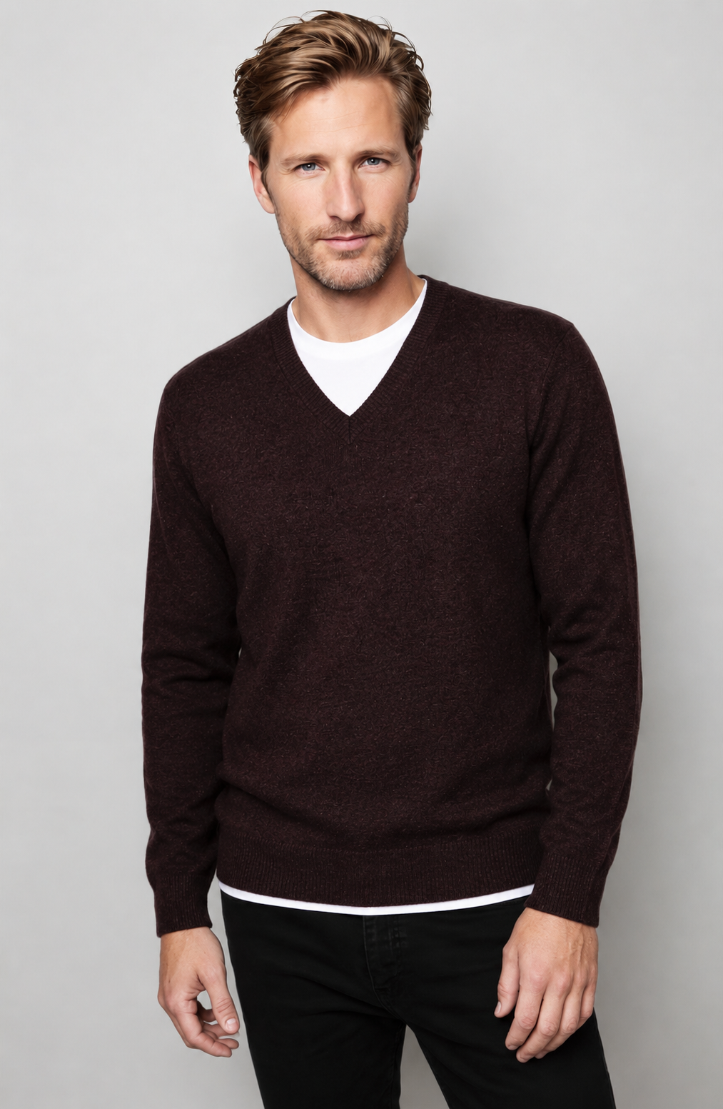 Ansett Purple Ember Cashmere Merino Wool V Neck Jumper