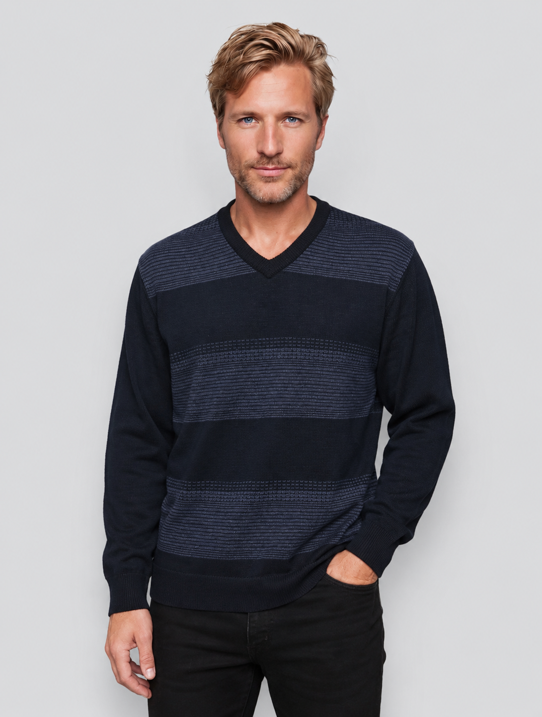 Pure Wool Ansett Patterned V Neck Jumper 8073 Navy