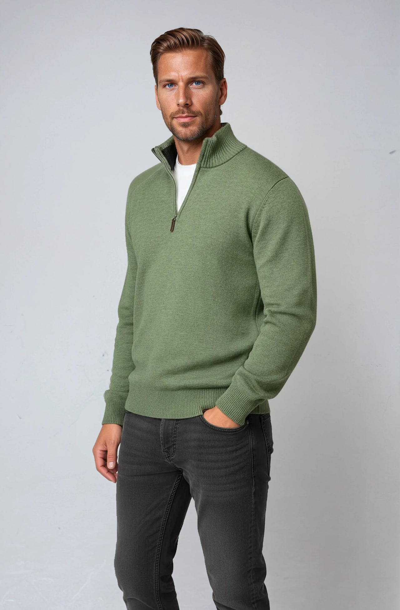 Ansett Moss Green Half Zip Cashmere Merino Wool Jumper
