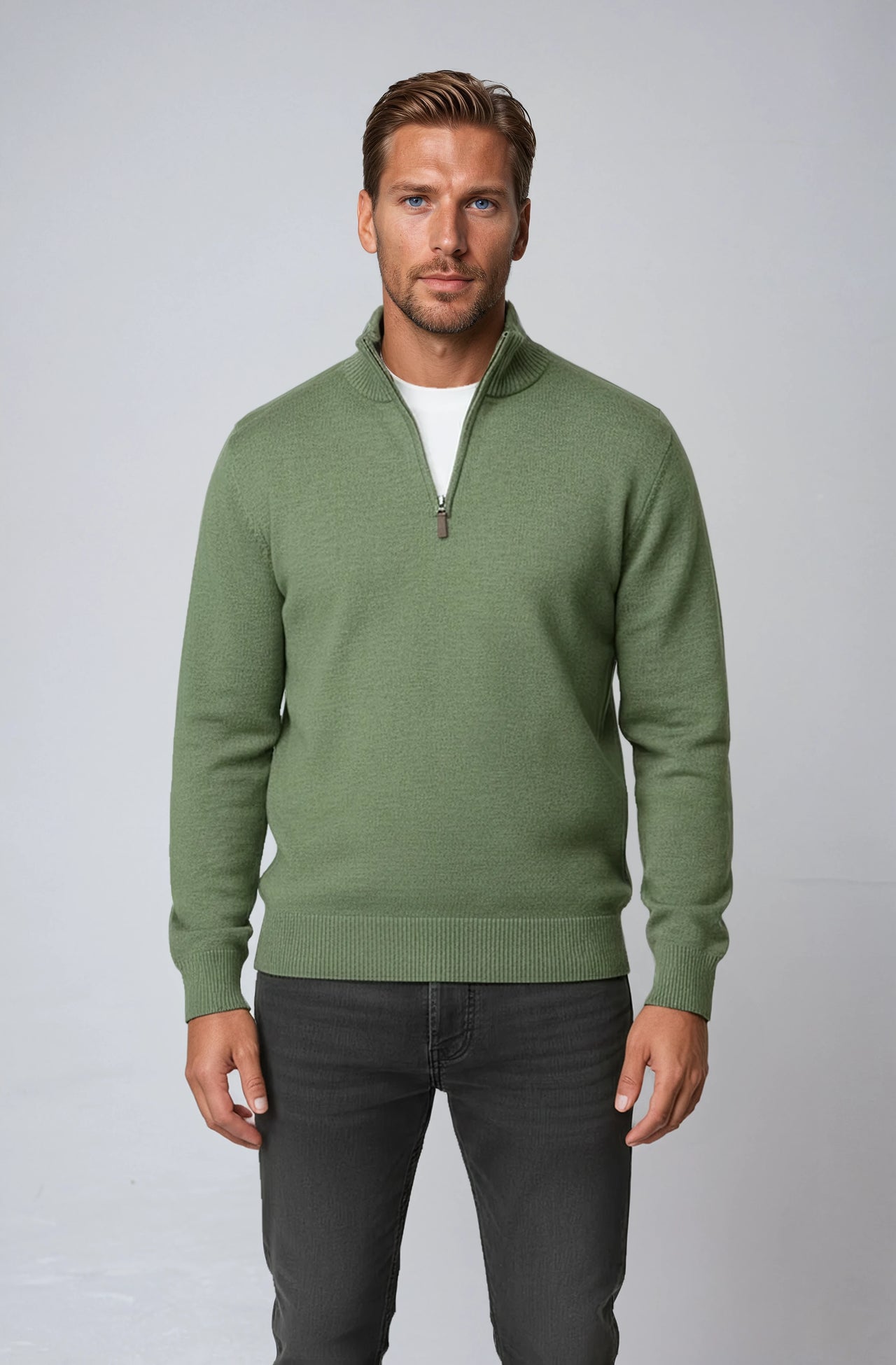 Ansett Moss Green Half Zip Cashmere Merino Wool Jumper