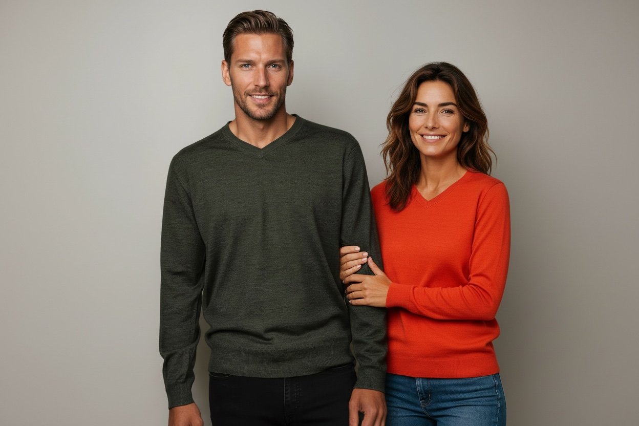 Man and woman standing side by side wearing green and orange sweaters against a plain background