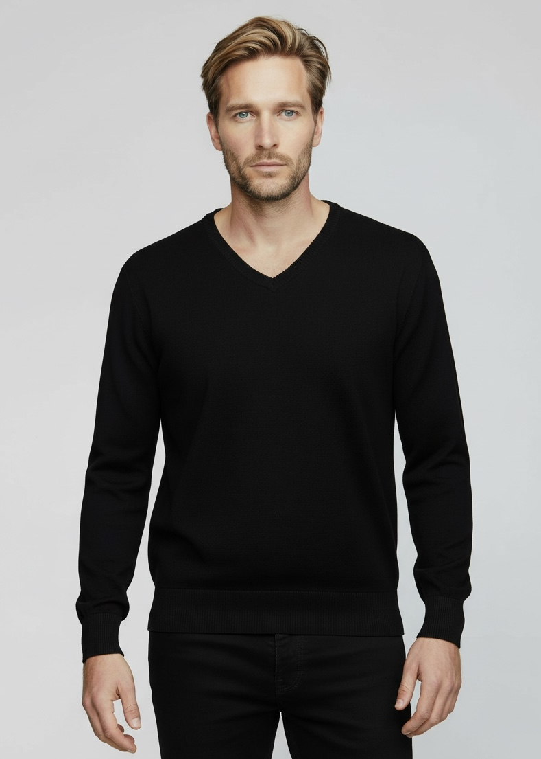 Black Cashmere Merino Wool V Neck Jumper