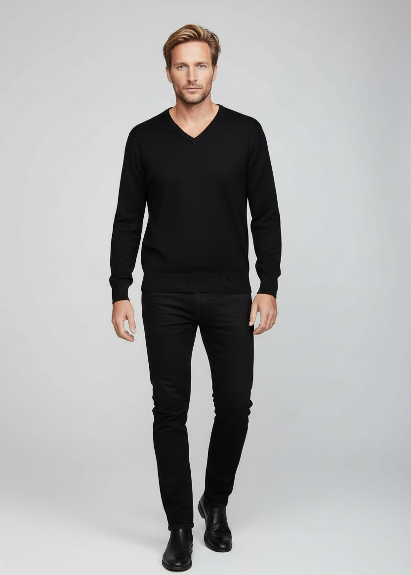 Black Cashmere Merino Wool V Neck Jumper