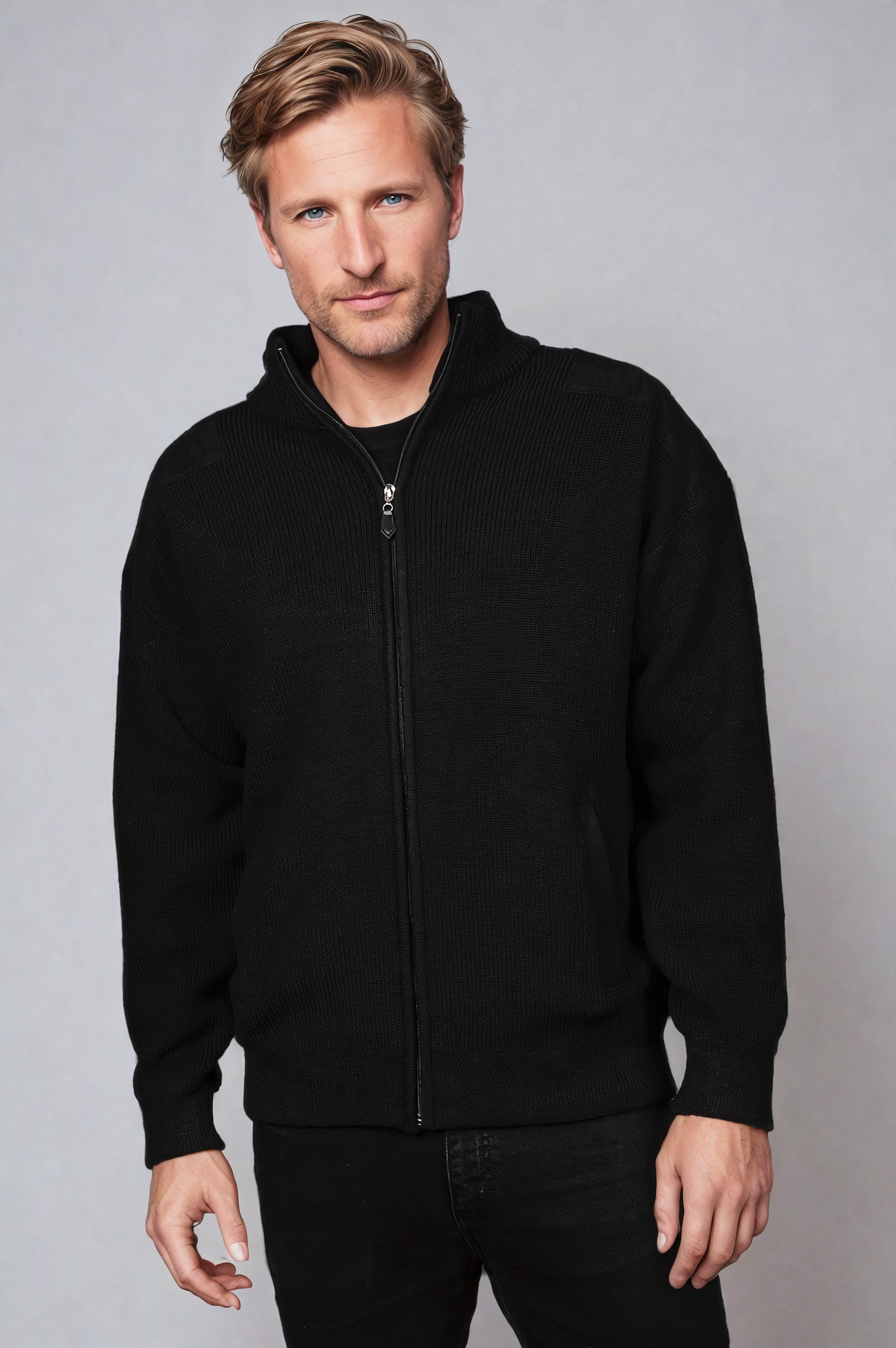 Ansett Wool Black Zip Jacket With Black Elbow And Shoulder Patches