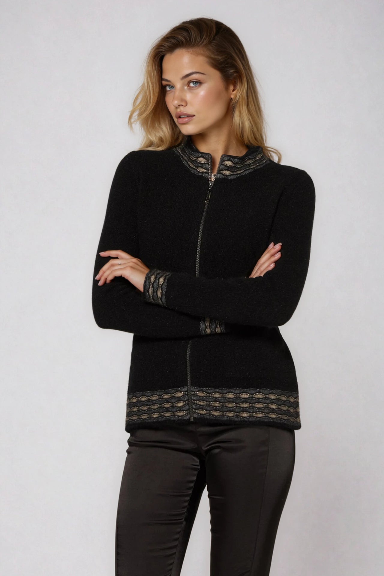 Black Wave Trim Zip Cardigan Possum Merino