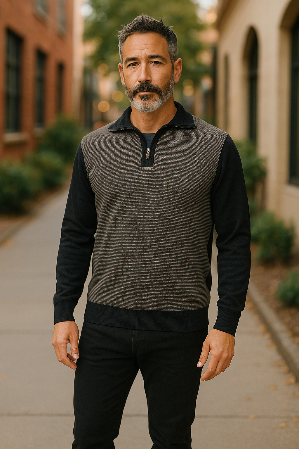 Ansett Black 2 Tone Quarter Zip Fine Merino Wool Jumper