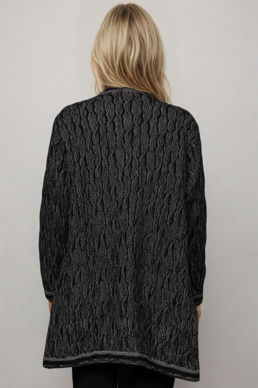 Wave - Black Ladies Swing Coat Merino Wool 3D Geccu Knitwear