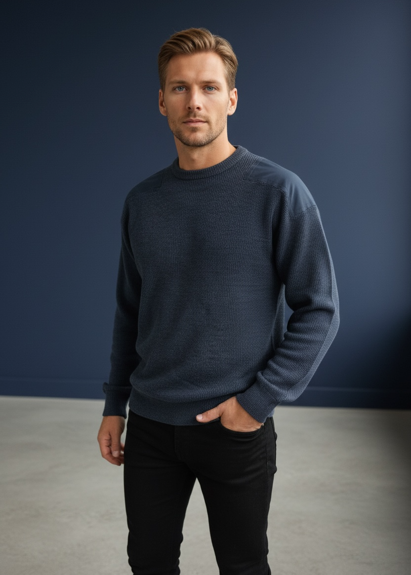 Ansett Men's Wool Crew Neck Jumper With Elbow And Shoulder Patches - Slate