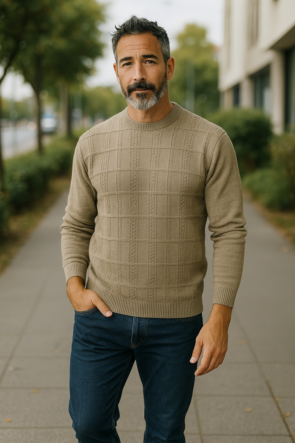 9212 Taupe Cable Crew Neck Jumper - Tradewinds By Ansett